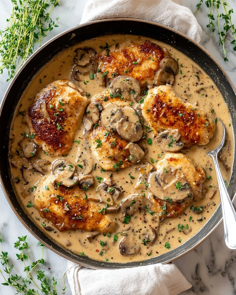 A close-up view of a round black-handled pan filled with five golden-brown chicken breasts partially sunk in a thick, creamy beige mushroom sauce, dotted with sliced light-brown mushrooms. The sauce has a smooth texture with visible black pepper and small green herb pieces sprinkled across the top. The pan rests on a soft white cloth, and fresh green herb sprigs are placed nearby on a white marbled surface. A silver spoon lies inside the pan on the right side. photo taken with an iphone --ar 4:5 --v 7