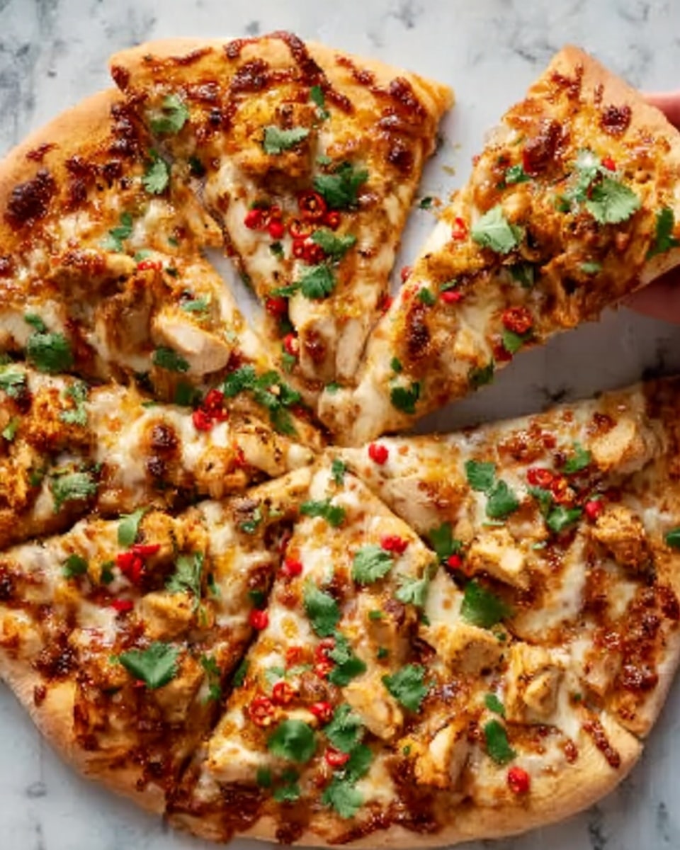 A fully baked pizza sliced into eight pieces is shown on a white marbled surface. The pizza has a thin crust with a golden-brown edge and is topped with melted cheese that is slightly browned in places. Scattered across the top are small white chicken chunks, bright green pieces of cilantro, and small bits of red chili peppers. The cheese layer has a gooey texture with a shiny finish, while the sauce underneath peeks through in red spots. A woman's hand is holding a pizza slice lifted slightly above the rest. Photo taken with an iphone --ar 4:5 --v 7