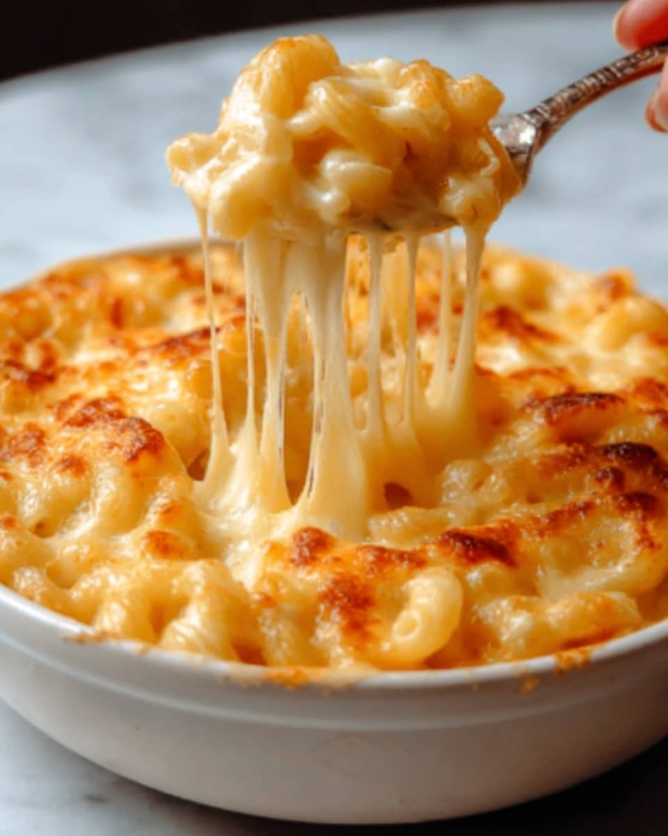 The image shows a close-up of a white bowl filled with creamy baked macaroni and cheese. The dish has one main layer of elbow pasta covered in melted cheese that is golden brown on top. The cheese is gooey and stretchy, pulled up by a woman's hand holding a spoon, with melted cheese strings stretching between the bowl and the spoon. The top layer is bubbly and slightly browned, while the pasta underneath looks soft and coated in a thick cheese sauce. The bowl sits on a white marbled surface. Photo taken with an iphone --ar 4:5 --v 7