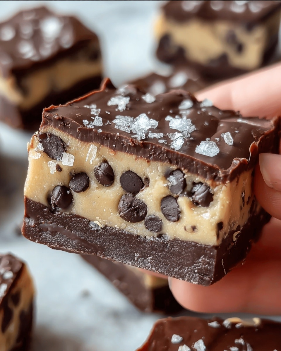 The image shows a close-up of a thick, square treat being held by a woman's hand. It has three clear layers: the bottom layer is a dark, solid chocolate base, smooth and shiny; the middle layer is thick and creamy with a beige color, studded with dark chocolate chips of different sizes; the top layer is a glossy dark chocolate coating sprinkled with large, coarse grains of sea salt that sparkle. The background is a white marbled texture with more pieces of the treat slightly out of focus behind the main one. photo taken with an iphone --ar 4:5 --v 7