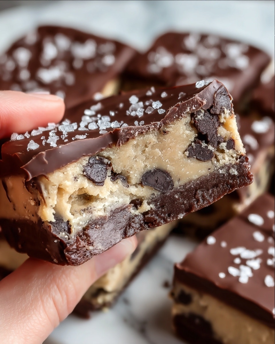 A close-up image of a thick bar with three visible layers held by a woman's hand; the bottom layer is a dark brown chocolate base with a rough texture, the middle layer is a thick beige cookie dough with embedded dark chocolate chunks, and the top layer is a smooth, glossy dark brown chocolate coating sprinkled with coarse white salt crystals. In the blurred background, more pieces of the same bar are placed on a white marbled surface. photo taken with an iphone --ar 4:5 --v 7