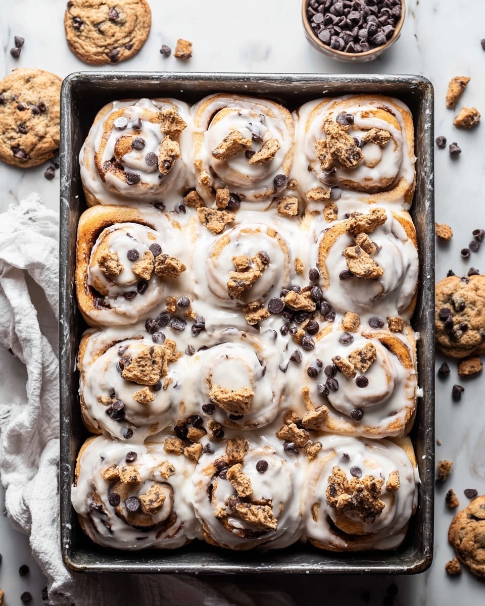 A rectangular metal pan filled with nine large cinnamon rolls arranged in three rows of three, each roll soft and golden brown, swirled with dark chocolate chips. The cinnamon rolls are thickly covered with a white glossy icing that slightly drips down the sides, blending with small whole and crumbled mini chocolate chip cookies scattered on top. The pan rests on a white marbled surface with more mini cookies and chocolate chips scattered around it, along with a white cloth napkin to the side. photo taken with an iphone --ar 4:5 --v 7