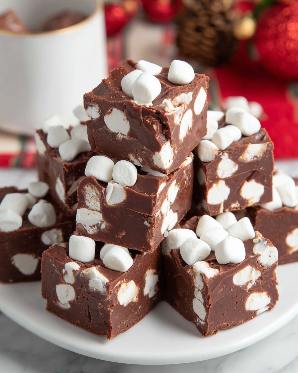 A white plate holds a pile of chocolate fudge squares filled with small white marshmallows. Each piece is a single thick layer of dark brown fudge with unevenly scattered fluffy white marshmallows inside and on top. The marshmallows contrast against the smooth, dense texture of the chocolate fudge. The background shows blurred red and brown holiday-themed items on a white marbled surface. photo taken with an iphone --ar 4:5 --v 7
