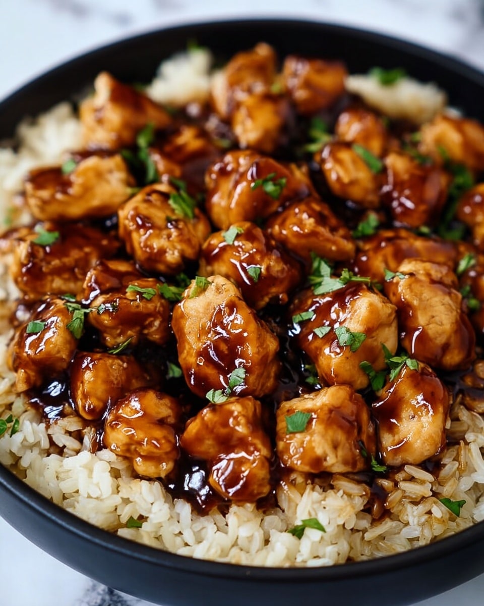 The image shows a black bowl filled with cooked rice as the base layer, with a light brown color and slightly separated grains. On top, there are many pieces of glazed chicken cut into small chunks, with a shiny dark brown sauce coating, some parts more caramelized for texture contrast. Small green herbs are sprinkled over the chicken, adding fresh color accents. The bowl sits on a white marbled surface, and the focus is close-up, highlighting the glossy texture of the chicken and the fluffy rice underneath. photo taken with an iphone --ar 4:5 --v 7