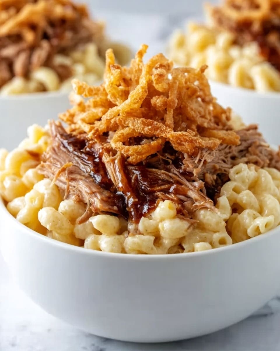 A white bowl filled with creamy macaroni at the bottom, topped with a thick layer of shredded, juicy pulled pork in the middle. Over the pulled pork, there is a generous pile of crispy, golden fried onions adding texture and height. The background shows more white bowls filled with macaroni and pulled pork, all on a white marbled surface. The image is bright with warm tones highlighting the soft texture of the macaroni and the crispy onions on top. Photo taken with an iphone --ar 4:5 --v 7
