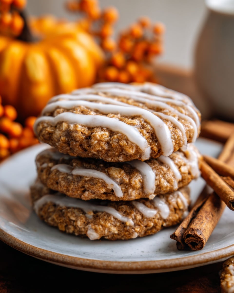 A stack of three round cookies with a rough, crumbly texture sits on a simple white plate, each cookie topped with a glossy white drizzle arranged in diagonal lines. The cookies have a warm brown color with uneven surface details showing bits of oats or spices. To the right of the plate lie two cinnamon sticks, dark brown and textured. In the soft background, an out-of-focus orange pumpkin and some small orange berries add a cozy autumn feel. The scene is set on a white marbled surface, and warm natural light highlights the textures and colors. Photo taken with an iphone --ar 4:5 --v 7