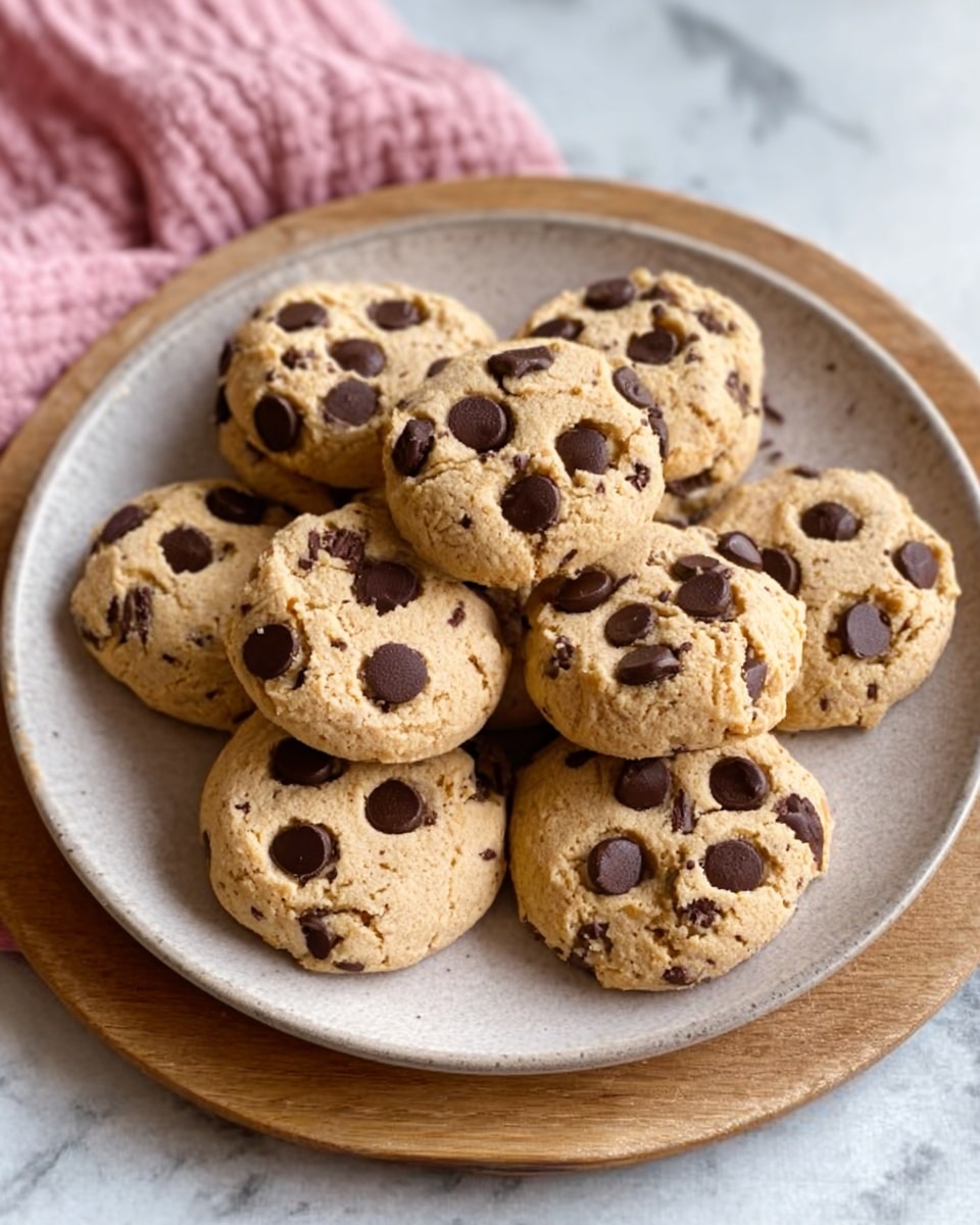 The image shows a round white plate filled with a stack of chocolate chip cookies. There are about nine cookies, each with a light golden brown color and scattered dark brown chocolate chips on top. The cookies have a slightly rough texture with some small cracks. The plate sits on a wooden board, and the background is a white marbled surface with a pink cloth on the top left side. photo taken with an iphone --ar 4:5 --v 7
