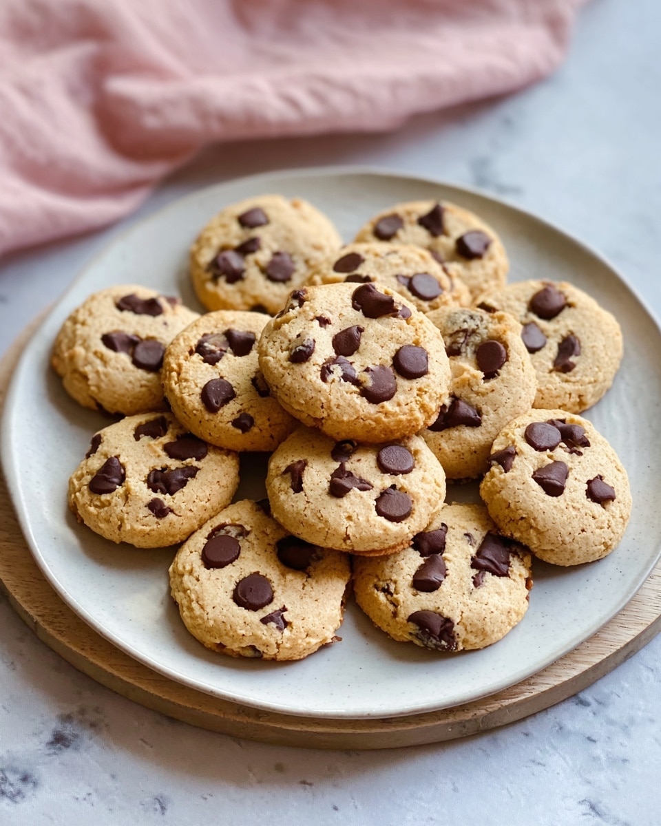 A white round plate holds a pile of about ten chocolate chip cookies stacked loosely. The cookies are light brown with many dark brown chocolate chips scattered on the top layer and slightly melting into the dough. The texture of the cookies looks soft and chewy with a few small cracks on the surface. The plate is resting on a light wooden board, and the background shows a white marbled texture with a soft pink cloth partially visible in the top left corner. Photo taken with an iphone --ar 4:5 --v 7