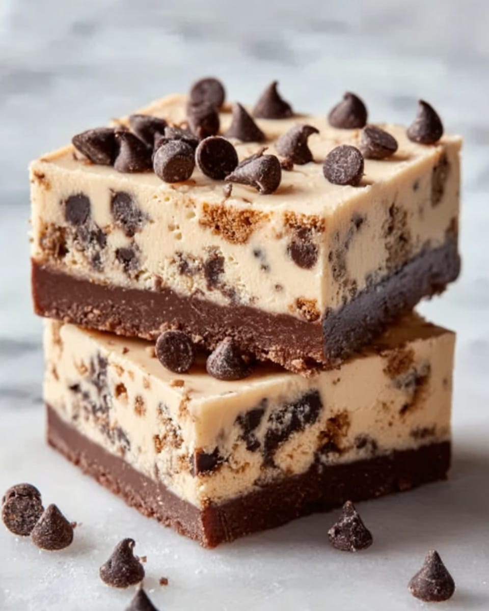 The image shows two square pieces of a dessert bar stacked on top of each other. The bottom layer is a dark brown smooth chocolate base. The top and thickest layer is creamy beige with small dark chocolate chips and chocolate bits mixed inside. On top of the upper piece, there are scattered chocolate chips sitting on the creamy layer. The background is a white marbled texture. photo taken with an iphone --ar 4:5 --v 7