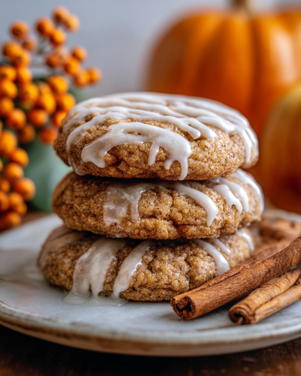 A stack of three soft cookies with a golden-brown color sits on a white plate, each cookie showing a slightly cracked texture that reveals a moist inside. The cookies are drizzled with thick white icing in uneven lines across the top, adding a shiny contrast to the rough cookie surface. To the right of the stack, two cinnamon sticks lay on the plate, displaying a rich brown color and a rough texture. In the background, a blurry pumpkin with a warm orange tone and a bunch of orange berries add a cozy fall feeling. The entire scene is set on a white marbled surface. photo taken with an iphone --ar 4:5 --v 7