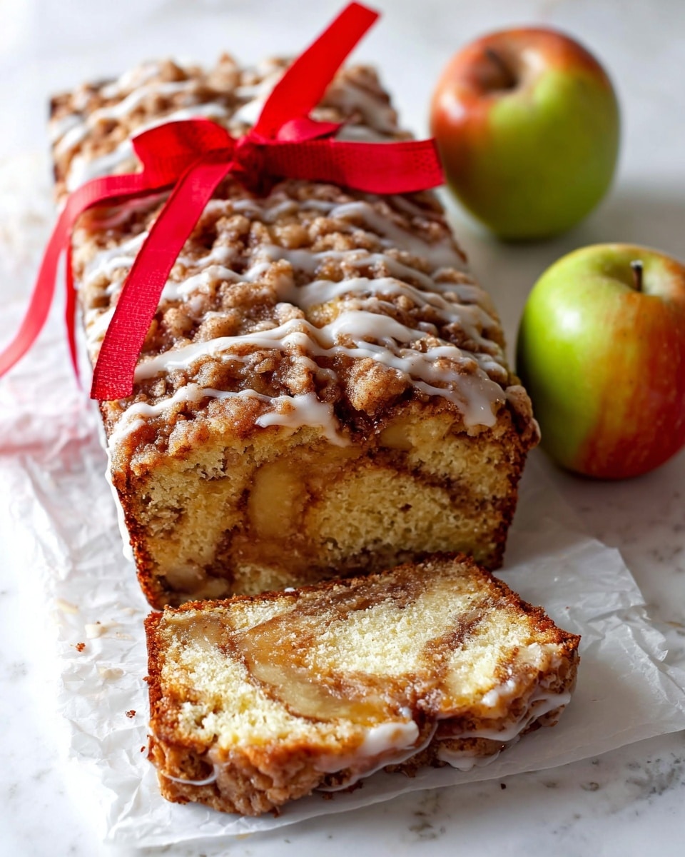 A sliced loaf of cinnamon apple bread with a crumbly, golden brown top layer drizzled with white icing, revealing a soft, light yellow inside with swirls of cinnamon. The loaf is decorated with a bright red ribbon tied around it and sits on white parchment paper. Two apples, one greenish-yellow and the other reddish, lie to the right on a white marbled surface. The photo taken with an iphone --ar 4:5 --v 7