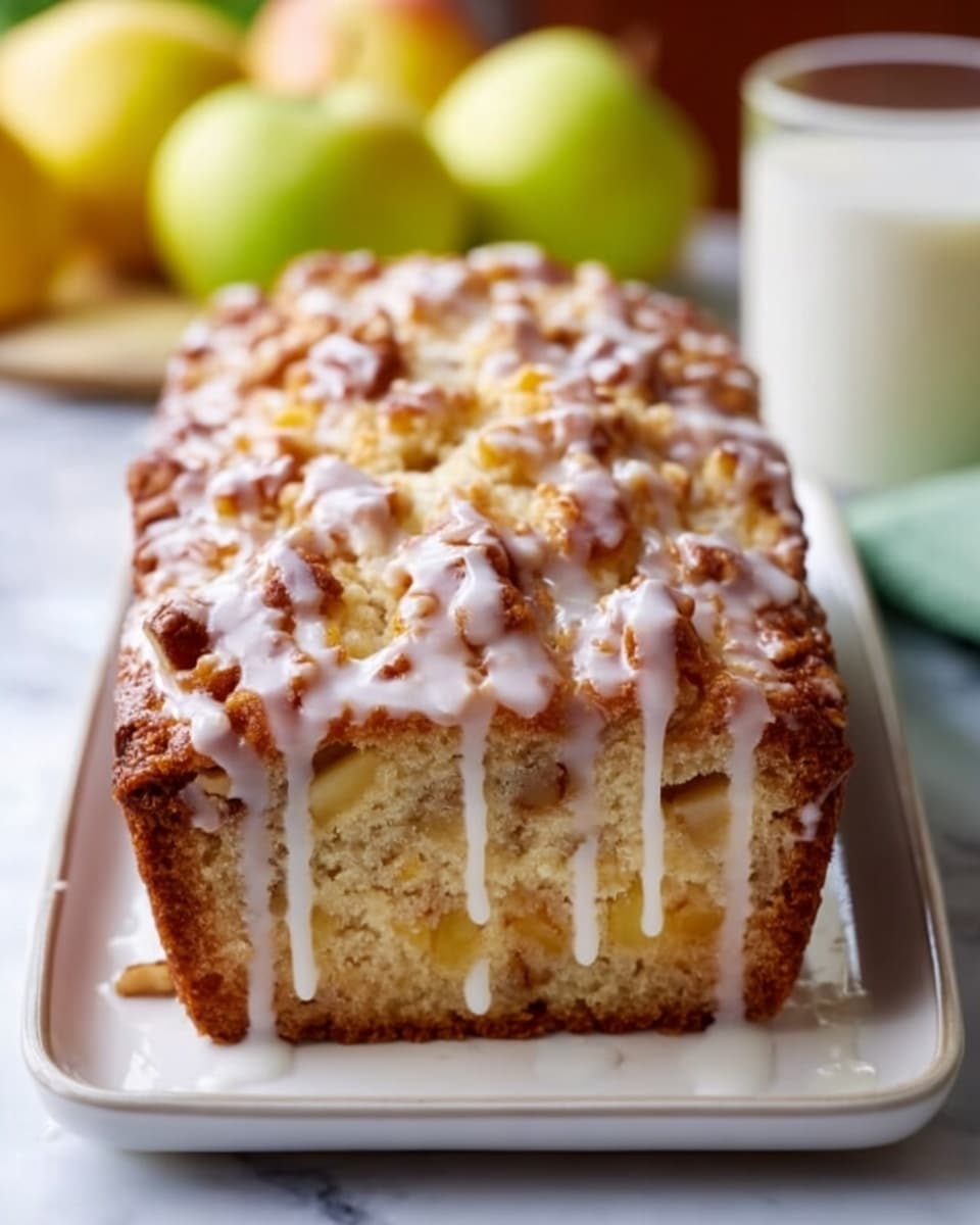 A rectangular loaf cake sits centered on a white rectangular plate, topped with a light drizzle of white glaze that flows down the sides unevenly. The cake’s top layer is golden brown with bits of browned nuts scattered throughout, showing a slightly rough texture. The interior layers visible through cracks in the top are moist and light yellow with small chunks of fruit mixed in. The background shows blurred yellow and green apples with a glass of milk to the right. The entire scene is set on a white marbled surface. Photo taken with an iphone --ar 4:5 --v 7