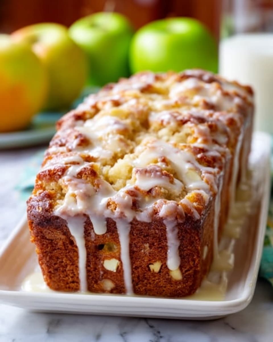 The image shows a loaf cake on a white rectangular plate. The cake has a golden-brown crust with small white chunks mixed inside the bread, likely nuts or fruit. A creamy white glaze is drizzled over the top of the cake, dripping slightly down the sides. The background has a white marbled texture, with blurred green and yellow apples and a glass of milk in the distance. The lighting highlights the moist texture and shiny glaze on the cake. photo taken with an iphone --ar 4:5 --v 7