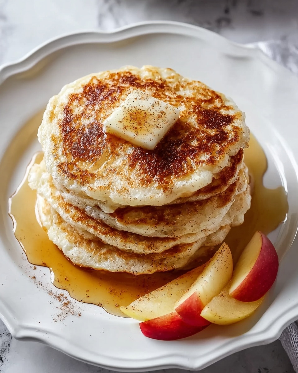A stack of four thick pancakes sits in the center of a white plate with scalloped edges, each pancake showing a golden-brown, slightly crispy texture on top and soft, fluffy layers underneath. A pat of melting butter rests on the top pancake, sprinkled lightly with cinnamon, while golden syrup pools around the base of the stack, slowly dripping down the sides. To the side of the pancakes, there are three slices of red and yellow apple, arranged neatly. The plate is set on a white marbled surface, giving a clean, bright backdrop. Photo taken with an iphone --ar 4:5 --v 7