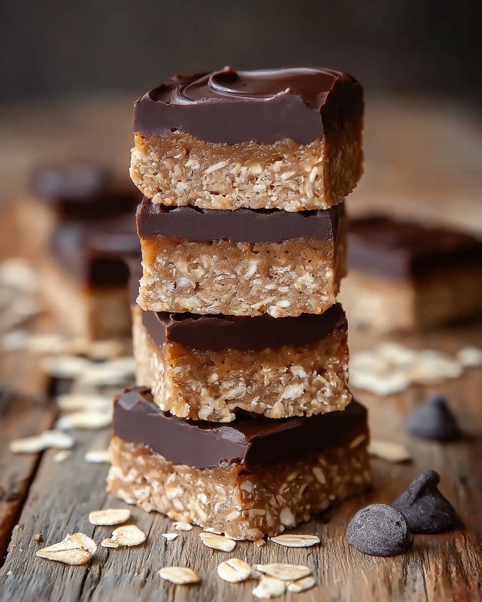 The image shows a stack of four square-shaped oat and chocolate bars. Each bar has two visible layers: the bottom thick layer is light brown with a coarse, crumbly texture showing oats and bits of coconut, and the top layer is a smooth, glossy dark chocolate that looks thick and slightly curved on top. The bars sit on a rustic wooden surface with some scattered oats and chocolate chips around the stack. The background is blurred, keeping focus on the sharply detailed bars. photo taken with an iphone --ar 4:5 --v 7