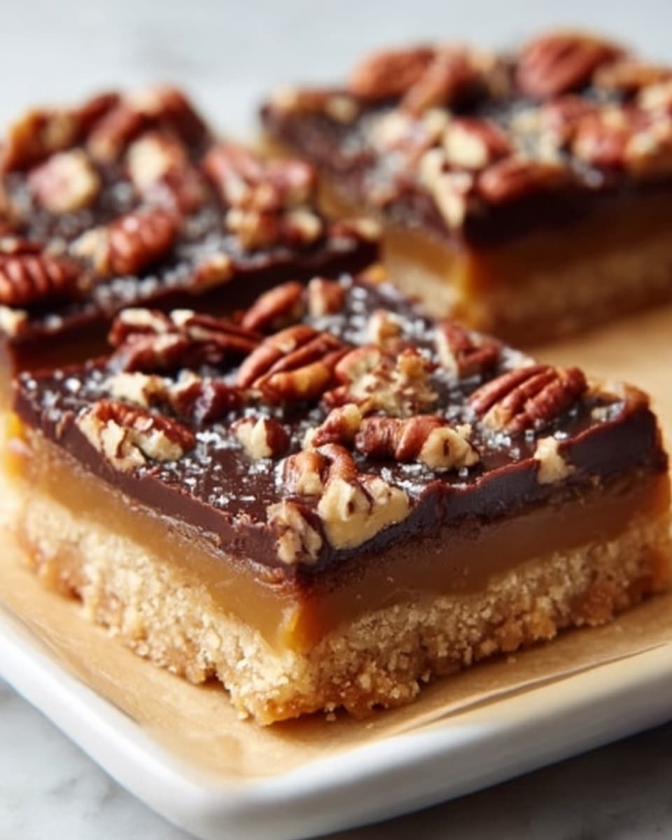 A close-up view of two square slices of a dessert bar arranged side by side on a white rectangular plate lined with parchment paper. The bottom layer is a thick, crumbly, golden brown crust with a rough texture. Above that is a smooth, pale caramel layer with a creamy look. The top layer is glossy dark chocolate, evenly spread and sprinkled with whole pecans and smaller nut pieces, adding texture and a warm brown color contrast. The white marbled surface underneath the plate adds a clean and bright background. photo taken with an iphone --ar 4:5 --v 7