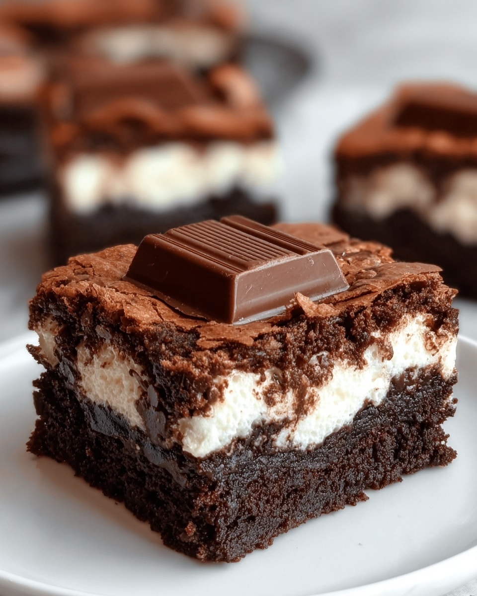 A close-up of a square brownie piece with three visible layers: the bottom layer is a dark, moist chocolate cake with a dense texture; the middle layer is a creamy, white marshmallow-like filling slightly melting into the cake; the top layer is a cracked, thin chocolate crust with a slightly rough surface, topped with a partially melted piece of dark chocolate bar sitting in the center. Another similar brownie piece is blurred in the background on a white plate, all placed on a white marbled texture. Photo taken with an iphone --ar 4:5 --v 7