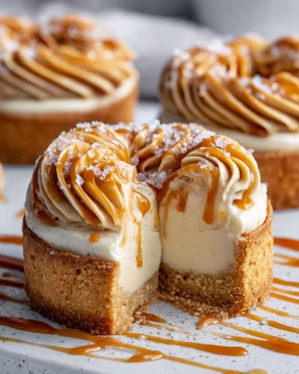 The image shows a small round tart with three visible layers. The bottom layer is a thick, golden-brown crust with a crumbly texture. The middle layer is smooth and creamy, pale off-white in color. The top layer features piped swirls of light caramel-colored cream with a glossy finish, decorated with a sprinkle of coarse sea salt. The tart is placed on a white marbled surface with a drizzle of caramel sauce nearby. In the background, two more tarts are slightly out of focus. Photo taken with an iphone --ar 4:5 --v 7