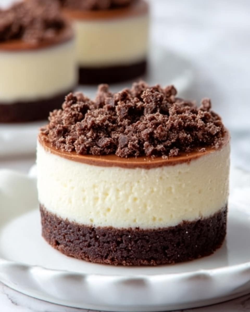 The image shows a close-up of a small round dessert with three clear layers. The bottom layer is dark brown and looks like a soft chocolate cake. The middle layer is creamy white, smooth, and thick, resembling cheesecake. On top, there is a layer of small, crumbled chocolate pieces that add texture. The dessert sits on a white plate with a scalloped edge, and the background is a white marbled surface, blurred softly. Photo taken with an iphone --ar 4:5 --v 7