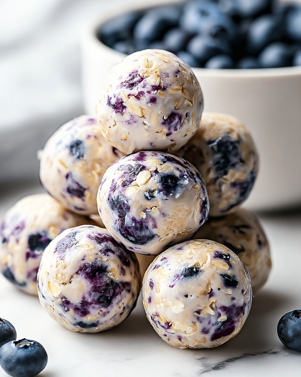 The image shows small round balls made of a creamy white base mixed with light tan oats and scattered dark purple blueberries, creating a marbled effect. Each ball is smooth and glossy with visible oats and whole blueberries peeking through. They are placed closely together on a white marbled surface with a white bowl filled with fresh dark blueberries slightly blurred in the background. A few loose blueberries rest on the surface nearby. The overall look is fresh and natural with soft lighting. Photo taken with an iphone --ar 4:5 --v 7