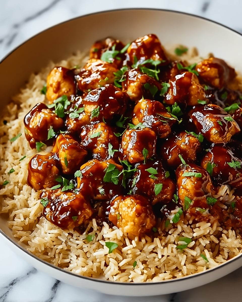 The dish shows a layer of cooked brown rice at the bottom with a fluffy and slightly textured appearance. On top, there are about two layers of small, golden-brown chicken pieces, each coated with a shiny, dark brown glaze that looks thick and sticky. Small bits of fresh green herbs are sprinkled evenly over the chicken. The food is served in a white bowl, set on a white marbled surface. Photo taken with an iphone --ar 4:5 --v 7