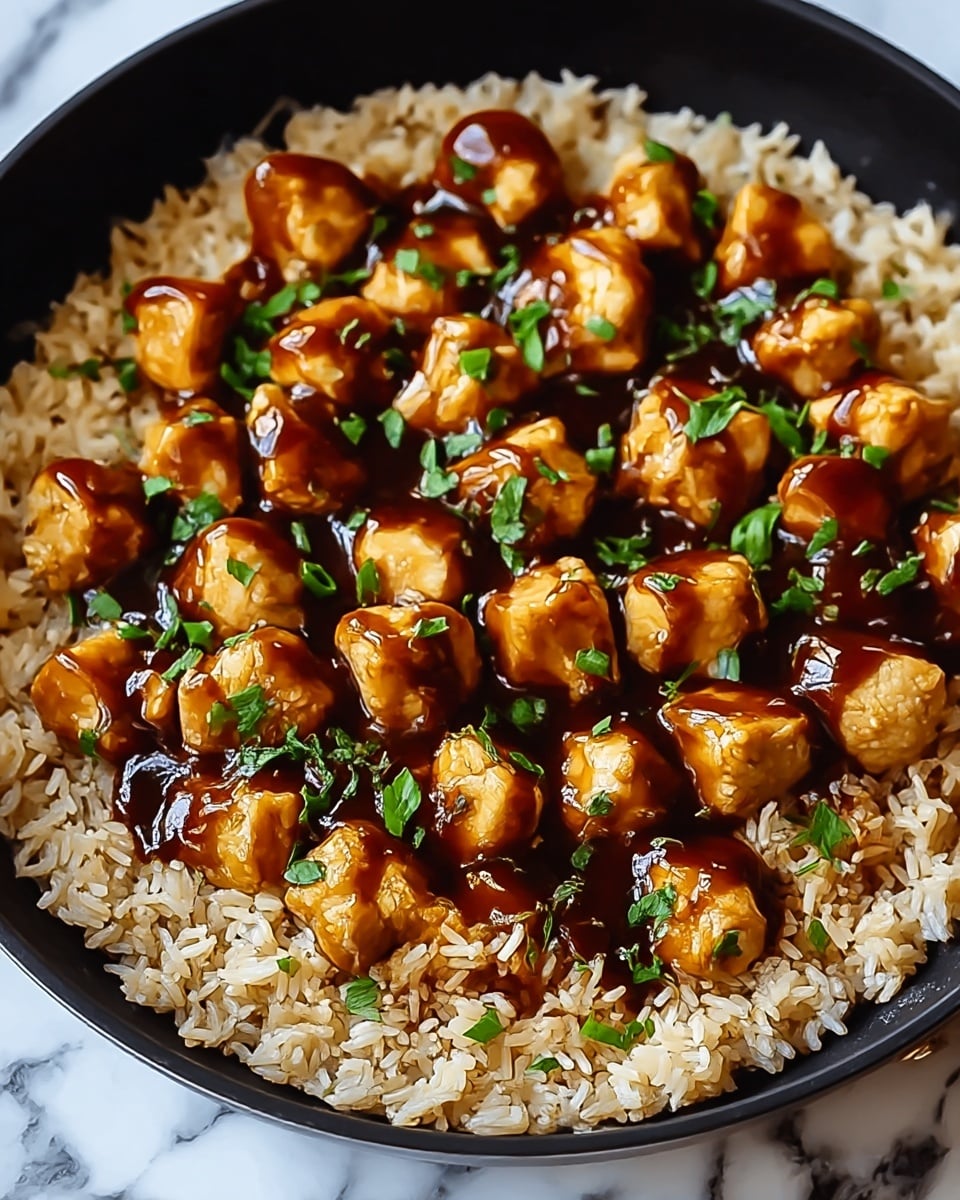 This image shows a pan filled with a base layer of cooked brown rice that looks fluffy and slightly textured, spread evenly across the bottom. On top, there are multiple bite-sized chicken pieces, golden brown with a shiny glaze of thick dark brown sauce dripping over them, giving a glossy effect. Small bits of bright green herbs are sprinkled over the chicken, adding color contrast. The pan is black and rests on a surface with a white marbled texture. Photo taken with an iphone --ar 4:5 --v 7