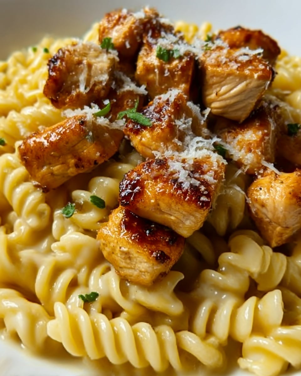 The image shows a close-up of a white plate filled with creamy, light yellow rotini pasta as the base layer, which has a smooth and slightly glossy texture. On top of the pasta, there are several pieces of golden-brown grilled chicken chunks, each with a slightly crispy, caramelized surface and sprinkled lightly with finely grated white cheese. Small green herb leaves are scattered over the chicken and pasta, adding a touch of color contrast. The scene is crisp and well-lit, highlighting the texture and color details of the food. Photo taken with an iphone --ar 4:5 --v 7