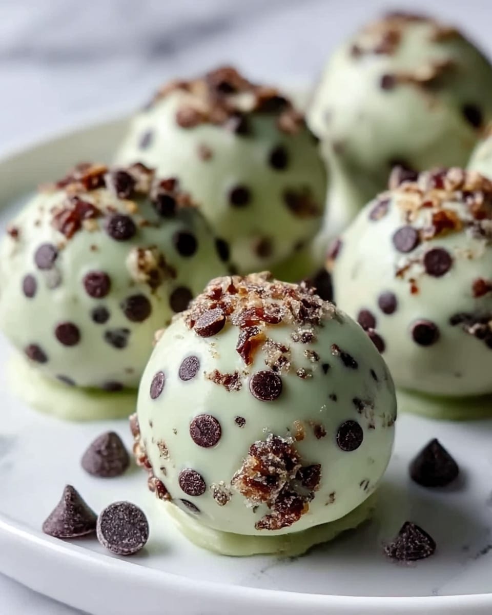 The image shows a close-up of round treats coated in smooth, pale green chocolate, dotted evenly with small dark chocolate chips and crunchy bits. Each ball is placed on a white plate, with a few extra dark chocolate chips scattered around them. The surface beneath is a white marbled texture, adding a clean and fresh look. The treats have a shiny, slightly textured finish, highlighting the mix of smooth coating and crunchy toppings. photo taken with an iphone --ar 4:5 --v 7