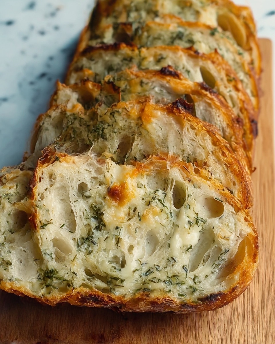 The image shows several slices of bread arranged in a row on a wooden cutting board with a white marbled texture underneath. Each slice has a golden-brown crust that is slightly charred on the edges and a soft, airy inside with visible holes and swirls of melted cheese and green herbs throughout. The layers inside the bread are mixed with the light creamy color of cheese and the bright green of herbs, giving a textured and rich look. The close-up focuses on the front slice, showing the crispy crust and the cheesy herb-filled interior clearly. Photo taken with an iphone --ar 4:5 --v 7