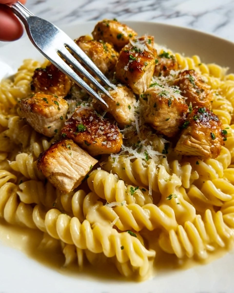 The image shows a close-up of a white plate filled with twisted pasta coils in a creamy, light yellow sauce. On top, there are several small chunks of browned chicken with a crispy texture, sprinkled with grated cheese and small green herb pieces. The lighting highlights the glossy and slightly oily surface of the chicken and pasta. In the top corner, the edge of a metal fork is barely visible, resting on the plate. The background is a white marbled texture. photo taken with an iphone --ar 4:5 --v 7