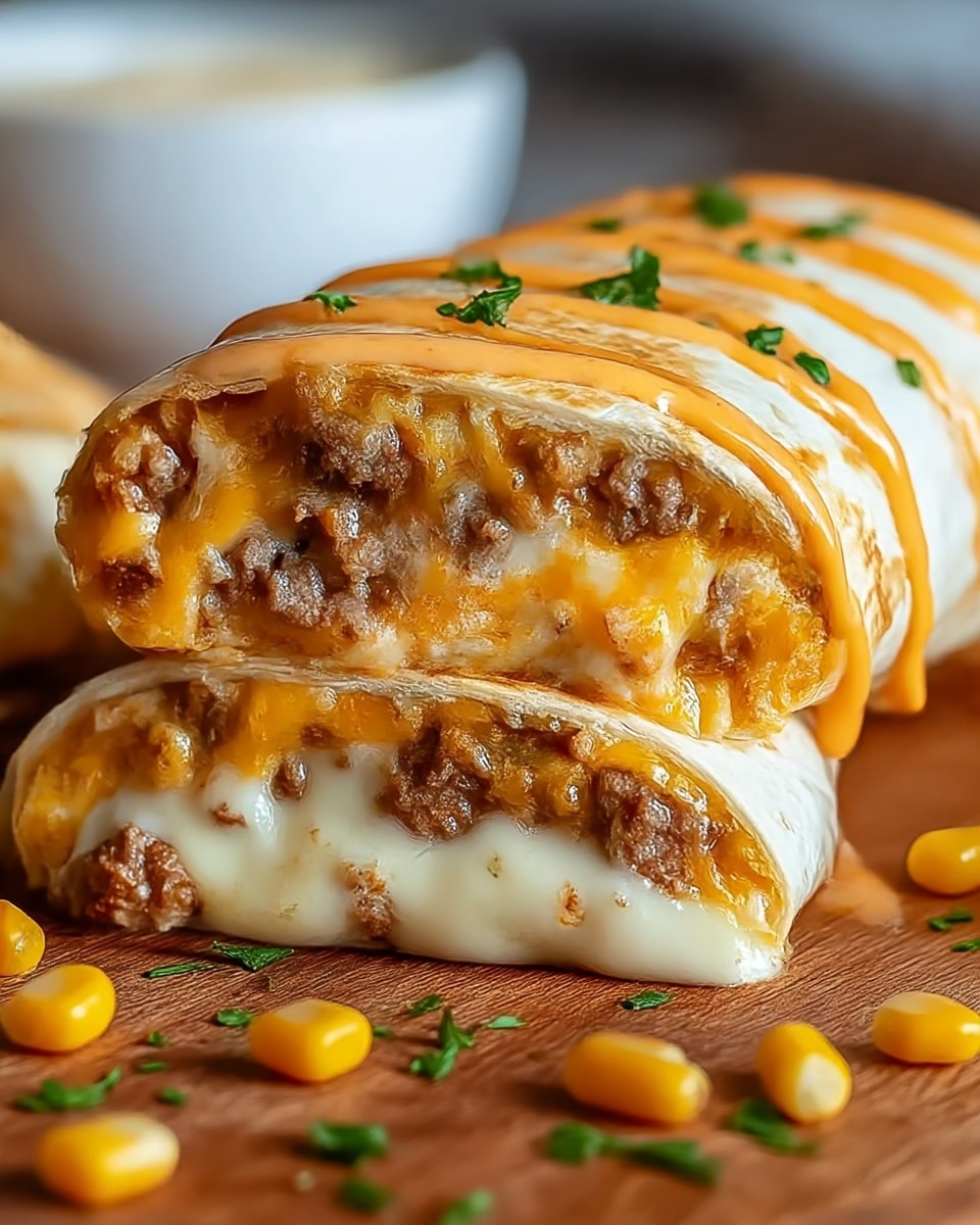 A close-up view of a cheesy burrito cut open to show its filling, featuring three visible layers inside: a bottom layer of creamy melted white cheese, a middle layer of browned ground meat mixed with orange melted cheese, and a soft, light-colored flour tortilla wrapped around it all. The top of the burrito is drizzled with an orange sauce and garnished with small green herb pieces. There are some corn kernels and green herb bits scattered around on a wooden surface, with a blurred white bowl in the background. photo taken with an iphone --ar 4:5 --v 7