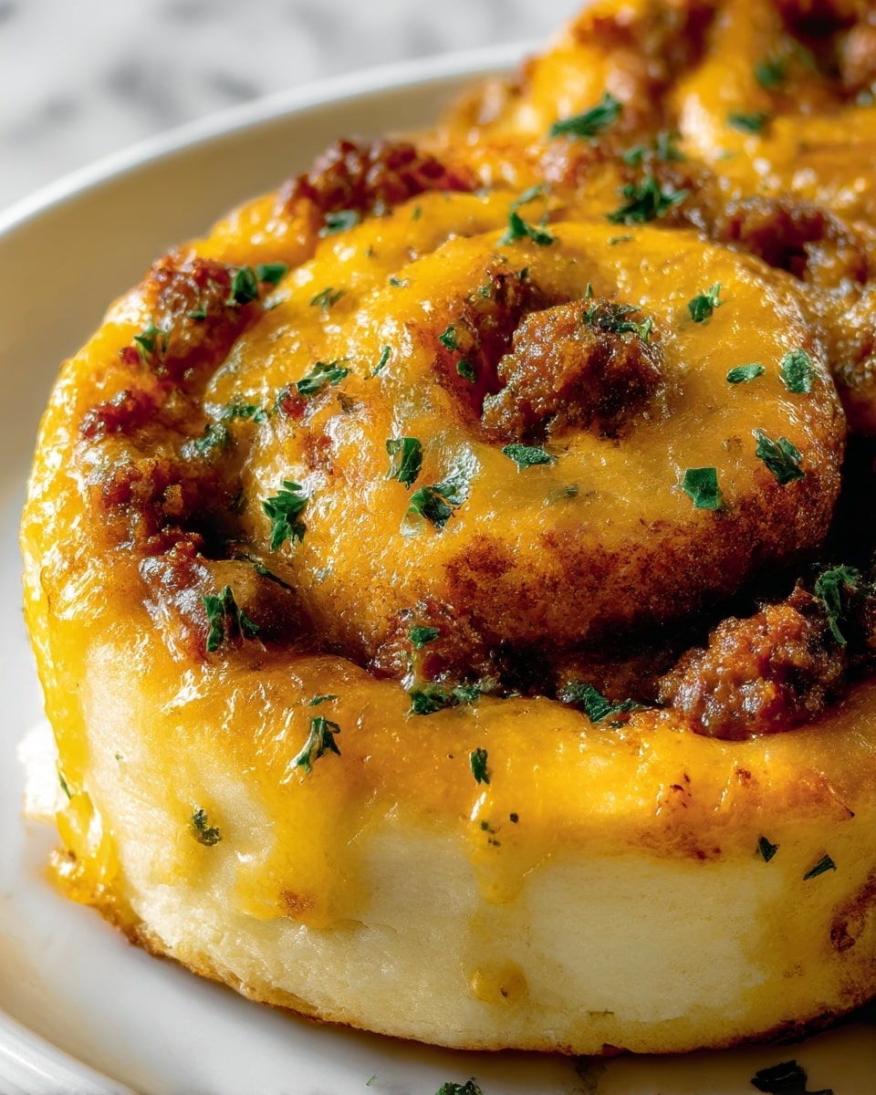 A close-up image of a baked savory roll showing one thick spiral with at least three visible layers: the bottom layer is a soft, pale golden dough slightly browned at the base, the middle layer is a rich browned ground meat filling, and the top layer is melted golden cheddar cheese with some crisped edges. The roll is sprinkled with small pieces of bright green chopped parsley, adding color contrast. The lighting highlights the gooey texture of the cheese and the moistness of the meat. The roll rests on a white plate with a white marbled background visible. photo taken with an iphone --ar 4:5 --v 7
