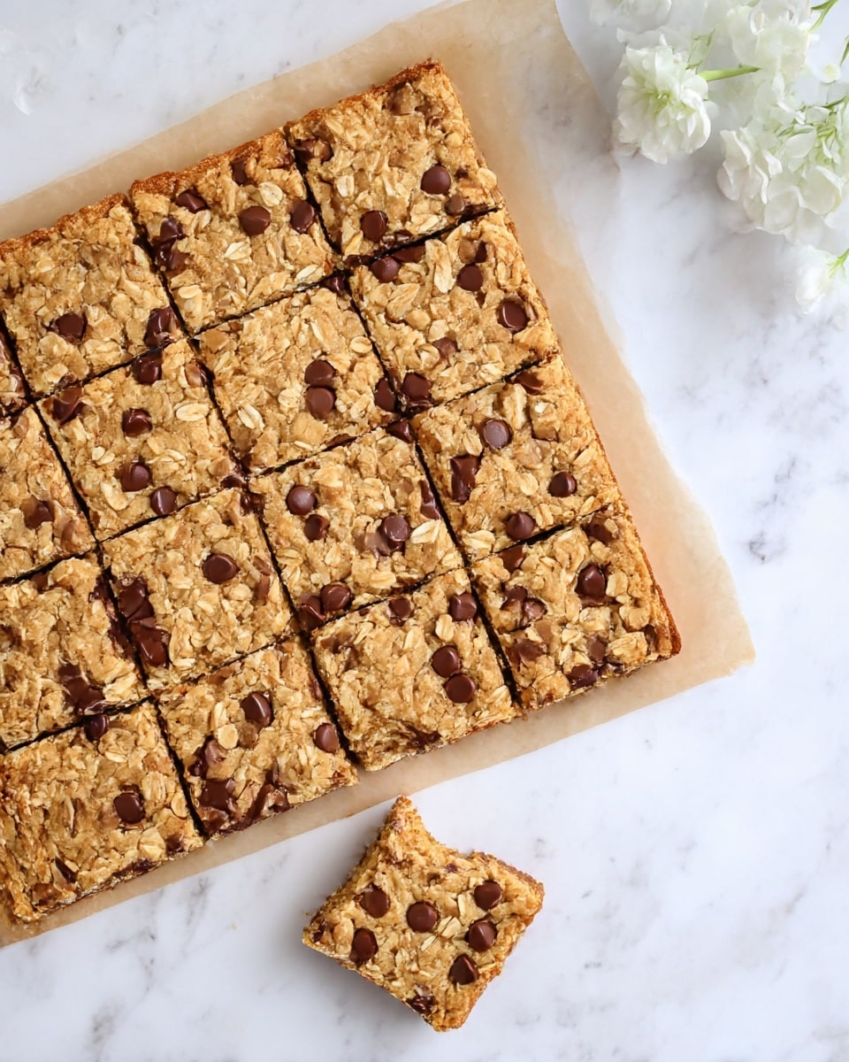 A batch of golden brown oat and chocolate chip bars is shown, cut into 12 square pieces arranged in a 3x4 grid on a sheet of light brown parchment paper. Each bar has visible oat flakes embedded in the crumbly texture, with scattered, melted chocolate chips creating dark brown spots on the surface. Two bars are separated from the main group, placed diagonally in the lower part of the image, one showing a small bite taken out of its corner. The scene is set on a white marbled surface with soft white flowers placed nearby for decoration. photo taken with an iphone --ar 4:5 --v 7