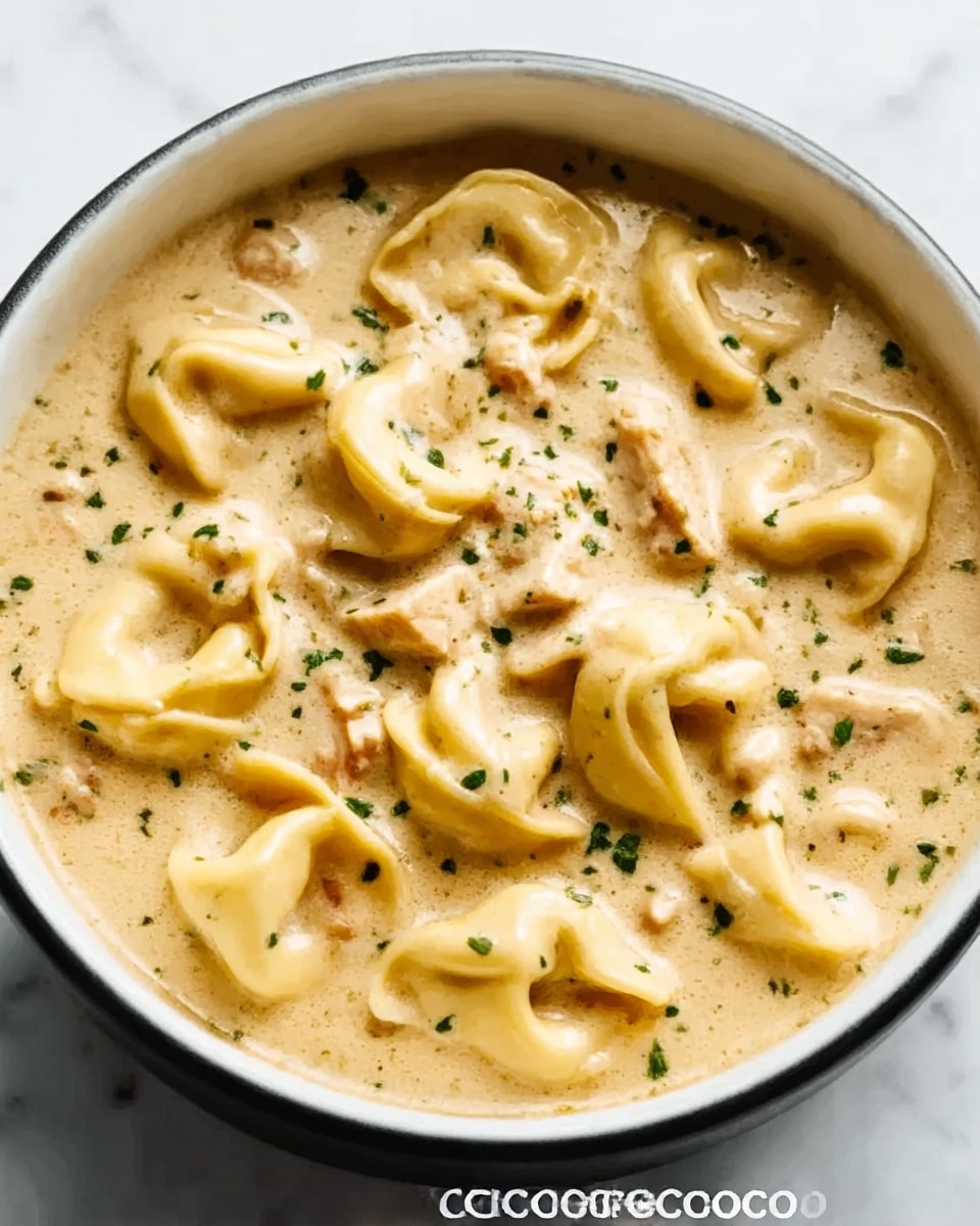 The image shows a white bowl filled with creamy soup containing tortellini pasta. The soup has a smooth, light beige color with a thick texture. The tortellini are folded into small rings, soft and pale yellow, scattered evenly throughout the soup. Small pieces of chicken are mixed in, adding light brown chunks. The surface of the soup is sprinkled with green herbs, giving small pops of color. The bowl sits on a white marbled surface, creating a clean and bright background. Photo taken with an iphone --ar 4:5 --v 7