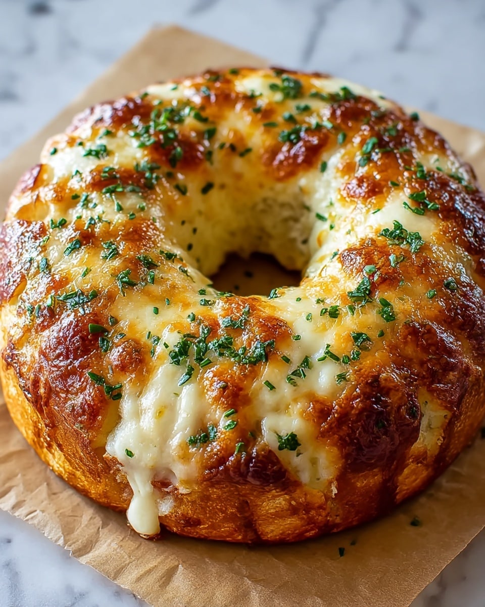A round bread with a hole in the center, covered with melted golden-brown cheese that is bubbly and slightly crispy on top; patches of white and light yellow cheese peek through the browned surface. The bread has a soft, fluffy inside visible through a few cracks, and it is sprinkled with small pieces of green herbs all over the top. The bread sits on a sheet of parchment paper placed on a white marbled surface. photo taken with an iphone --ar 4:5 --v 7