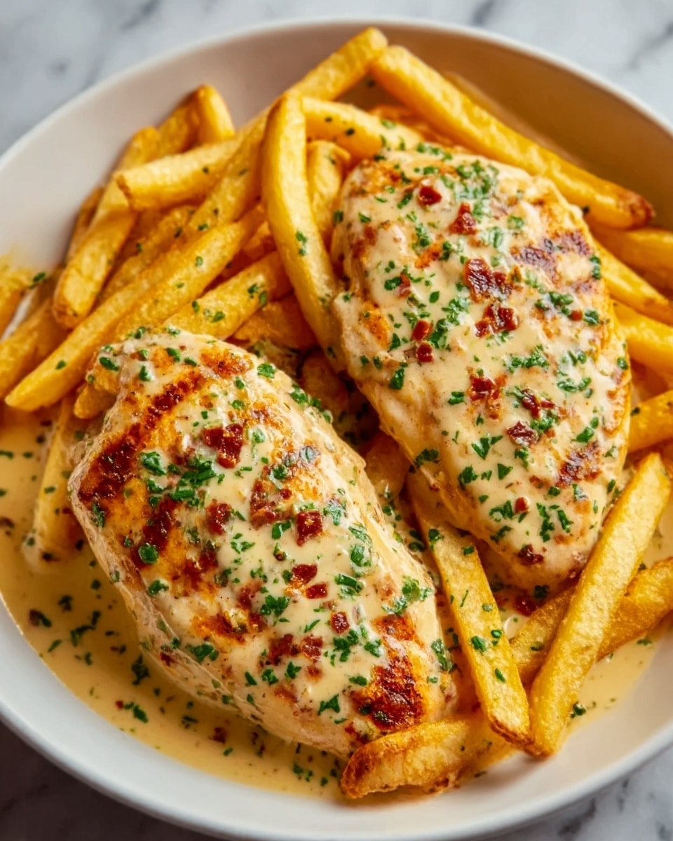 The image shows a white plate filled with two grilled chicken breasts that have a golden-brown, slightly crispy surface with grill marks and a creamy sauce coating them. The chicken is topped with finely chopped green herbs and small bits of red seasoning. Surrounding the chicken are thick, golden-yellow French fries that look crispy on the outside. The plate is set on a white marbled surface. photo taken with an iphone --ar 4:5 --v 7