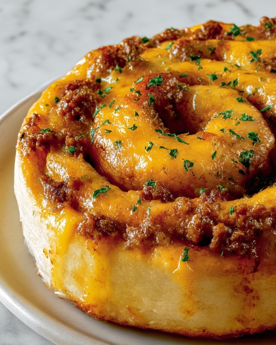 A close-up view of a savory spiral roll with three visible layers: the bottom layer is a pale golden, soft dough with lightly browned edges; the middle layer is a rich, crumbly ground meat filling with a deep brown color; the top layer is a thick, melted golden cheese that glistens and oozes slightly over the edges, sprinkled with small bright green chopped herbs. The roll is placed on a simple white plate that rests on a white marbled surface. photo taken with an iphone --ar 4:5 --v 7