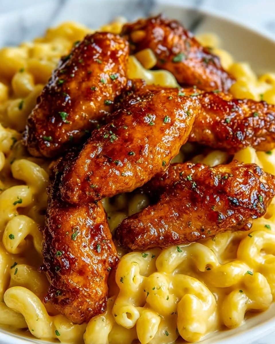 The image shows a close-up of a white plate filled with creamy macaroni and cheese topped with several golden-brown glazed chicken wings. The macaroni is covered in a smooth, bright yellow cheese sauce, forming the base layer. On top, the chicken wings are arranged, featuring a shiny, sticky glaze with a rich dark orange color and small green herb pieces sprinkled over them. The texture of the glaze is slightly rough with caramelized edges, adding delicious detail. The dish is set against a white marbled surface. Photo taken with an iphone --ar 4:5 --v 7