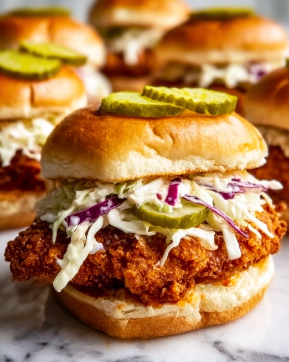 A close-up image of a crispy fried chicken sandwich on a soft, lightly browned white bun. Inside the sandwich, the bottom layer is a thick piece of golden-brown fried chicken with a crunchy texture. On top of the chicken, there is a generous layer of creamy coleslaw made of shredded white and purple cabbage mixed with a light dressing. Above the coleslaw, there are several bright green pickle slices evenly placed. The white bun top is slightly glossy and gently resting on the pickles. The sandwich is set on a white marbled surface with other similar sandwiches blurred in the background. Photo taken with an iphone --ar 4:5 --v 7