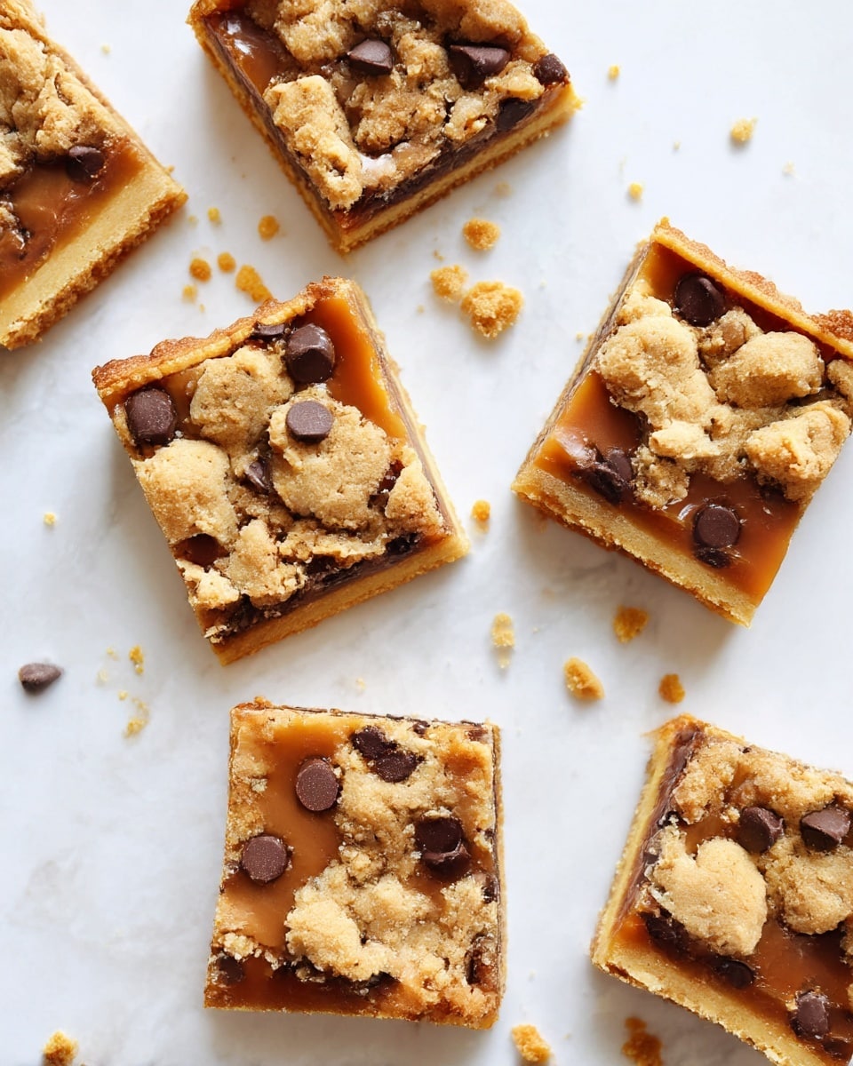 Six square-shaped dessert bars are placed on a white marbled texture, each with three visible layers: a golden brown crust base, a shiny caramel layer dotted with dark brown chocolate chips, and an uneven top layer of crumbly light tan cookie dough pieces. Some small crumbs are scattered around the bars, adding a rustic look. Photo taken with an iphone --ar 4:5 --v 7