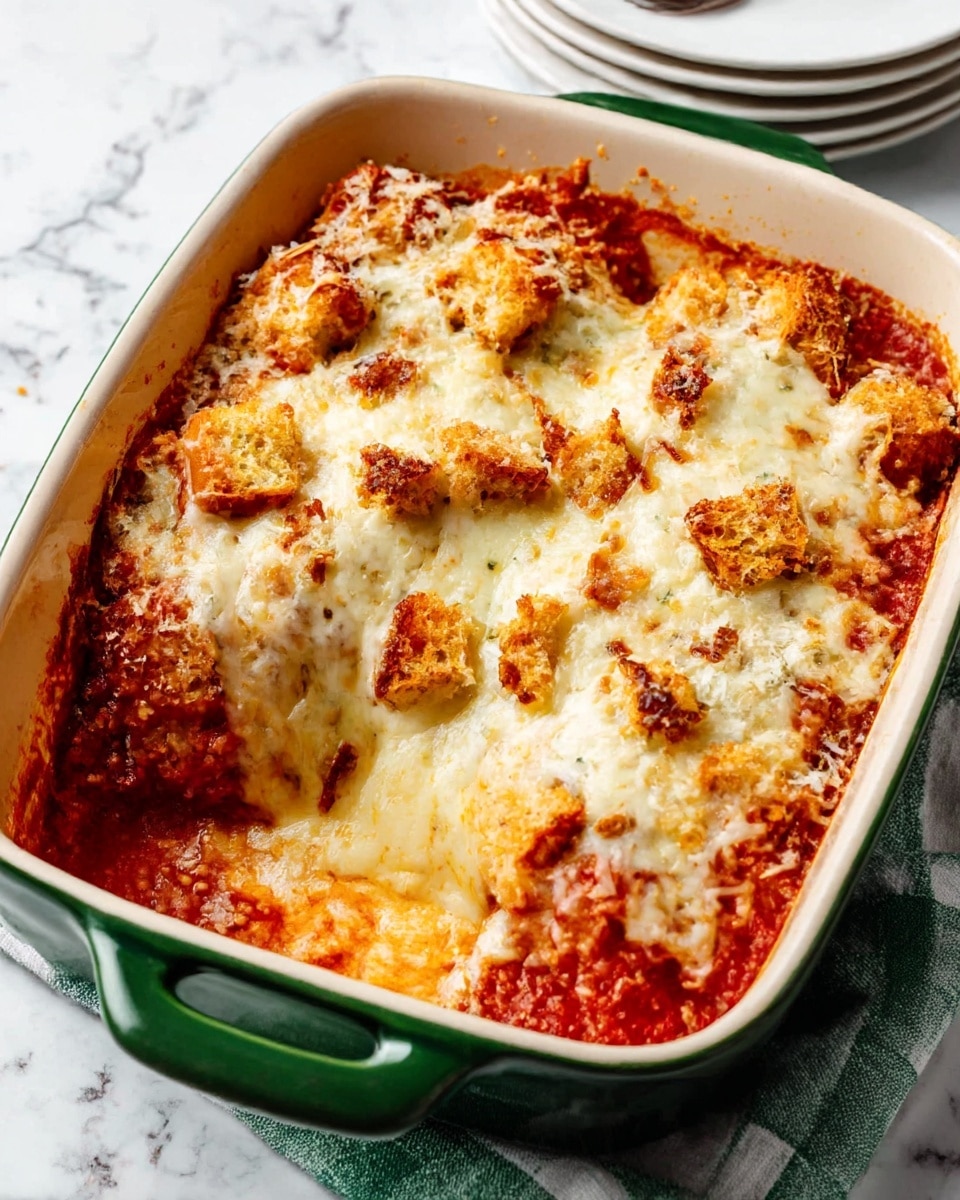The image shows a baked dish in a green ceramic baking dish resting on a green and white cloth over a white marbled texture surface. The dish has a base layer of red tomato sauce visible around the edges, topped with a thick, melted layer of white cheese. Scattered on top are golden-brown croutons and some browned bits of cheese, giving a crunchy texture contrast. The cheese is bubbly and smooth, blending well with the croutons. The background has some empty white plates stacked, adding to the table setting. Photo taken with an iphone --ar 4:5 --v 7