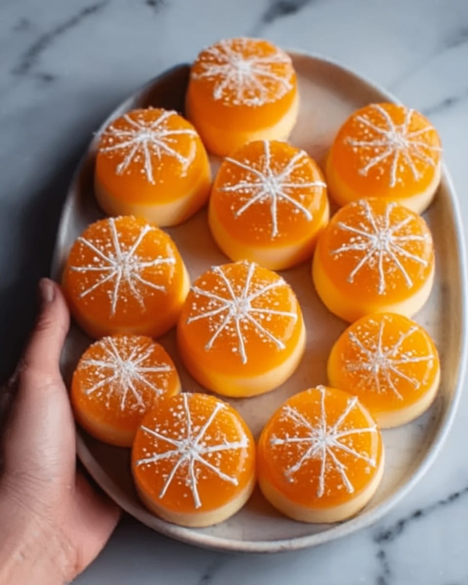 The image shows a tray full of orange-colored round desserts arranged in neat layers. Each dessert has two thick orange layers separated by a light orange cream layer in the middle. On top, the surface is smooth and shiny with a white icing decoration that looks like thin lines spreading from the center to the edges, creating a starburst pattern. The edges of the desserts have a slightly rough texture, contrasting with the smooth top. A woman's hand is holding the tray from the corner. The background is a white marbled texture. photo taken with an iphone --ar 4:5 --v 7