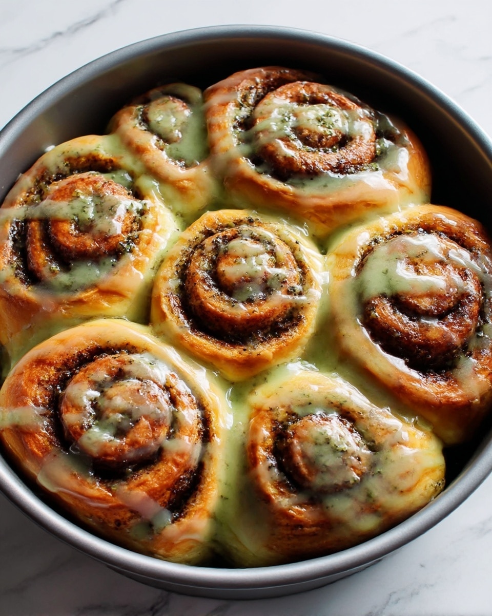 The image shows seven round cinnamon rolls baked closely together in a grey round baking pan, each with light golden brown dough swirled around a dark brown poppy seed filling. A shiny green glaze is drizzled over the tops and flows into the gaps between the rolls, adding a smooth, glossy texture contrasting with the soft, fluffy dough. The surface beneath the pan is a white marbled texture. photo taken with an iphone --ar 4:5 --v 7