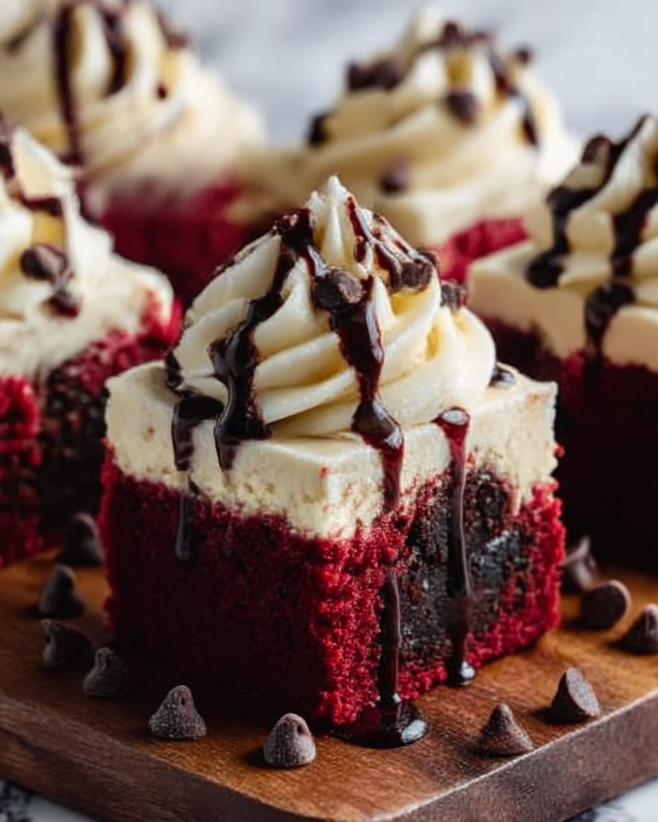 The image shows close-up square pieces of cake with three layers: a bottom red velvet layer, a middle dark chocolate chunk layer, and a top creamy white frosting layer. The frosting is piped in a swirl shape, with a drizzle of dark chocolate sauce on top and chocolate chips scattered around. The cakes are placed on a wooden board against a white marbled background. Photo taken with an iphone --ar 4:5 --v 7