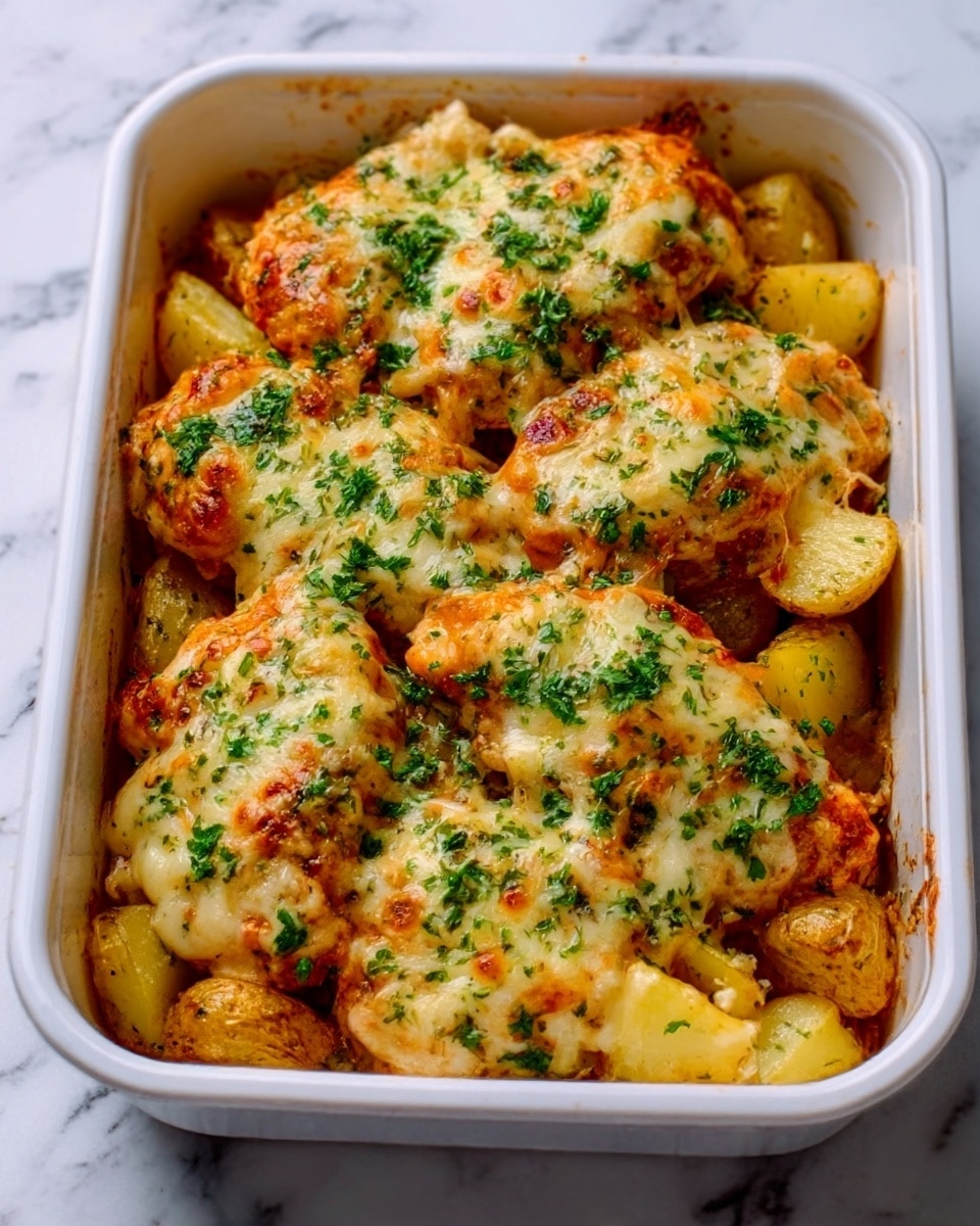 The image shows a white rectangular container filled with several golden brown baked chicken breasts topped with melted cheese that is bubbly and slightly browned. The chicken pieces are covered with finely chopped green herbs, likely parsley, adding a fresh touch to the dish. The chicken rests on a layer of small roasted potatoes that are golden and crispy on the edges. The whole dish looks warm and freshly baked. The container is placed on a surface with a white marbled texture. photo taken with an iphone --ar 4:5 --v 7