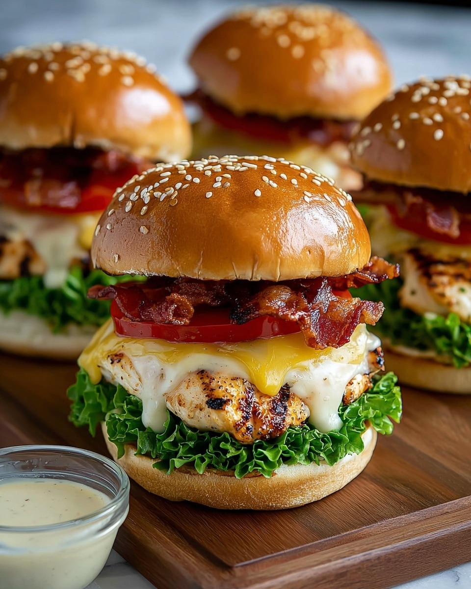 A close-up view of a chicken sandwich with four layers, all inside a soft sesame seed bun. The bottom bun holds a fresh, ruffled green lettuce layer, topped with a thick piece of grilled chicken with char marks and melted yellow and white cheese dripping over it. Above that are two slices of red tomato and a few crispy, brown bacon strips. The top bun is glossy with sesame seeds. The sandwiches are placed on a wooden board with a small glass bowl of creamy sauce on the side, all set on a white marbled texture. Photo taken with an iphone --ar 4:5 --v 7