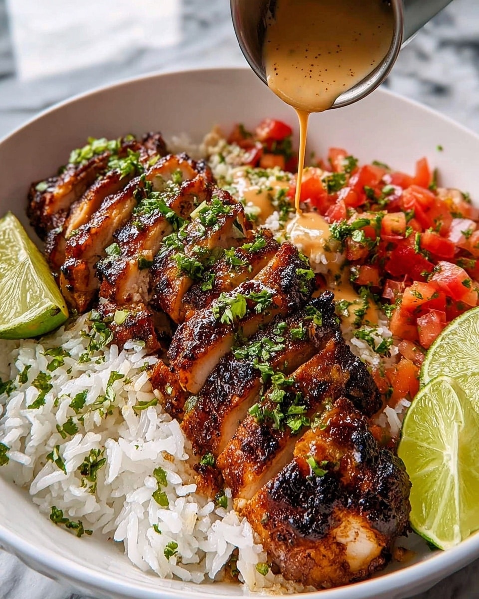 A white bowl filled with a base layer of fluffy white rice, topped with thick slices of grilled chicken that have a dark, caramelized, and slightly charred crust. The chicken is arranged neatly in a row, sprinkled with fresh green chopped herbs. To the side, small diced red and orange tomatoes add a fresh burst of color. There are two lime wedges placed on opposite edges of the bowl. A silver cup on the side is pouring a creamy, light brown sauce with visible herbs onto the chicken and rice. The bowl sits on a white marbled surface. photo taken with an iphone --ar 4:5 --v 7