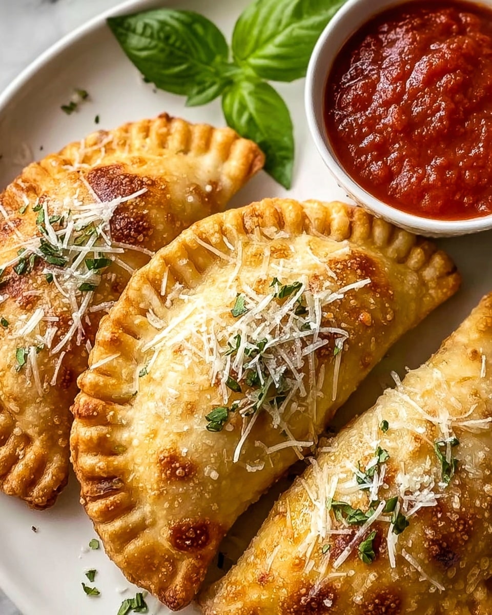 Three golden-brown fried pockets rest on a white plate with a white marbled background, each pocket showing crispy, bubbly edges with fork-pressed crimps and topped with finely shredded white cheese and green herb sprinkles. The pockets are arranged side by side, with a fresh green basil leaf tucked near the top left pocket. In the upper left corner of the plate, a white bowl filled with smooth red marinara sauce adds a vibrant contrast in color and texture. Photo taken with an iphone --ar 4:5 --v 7