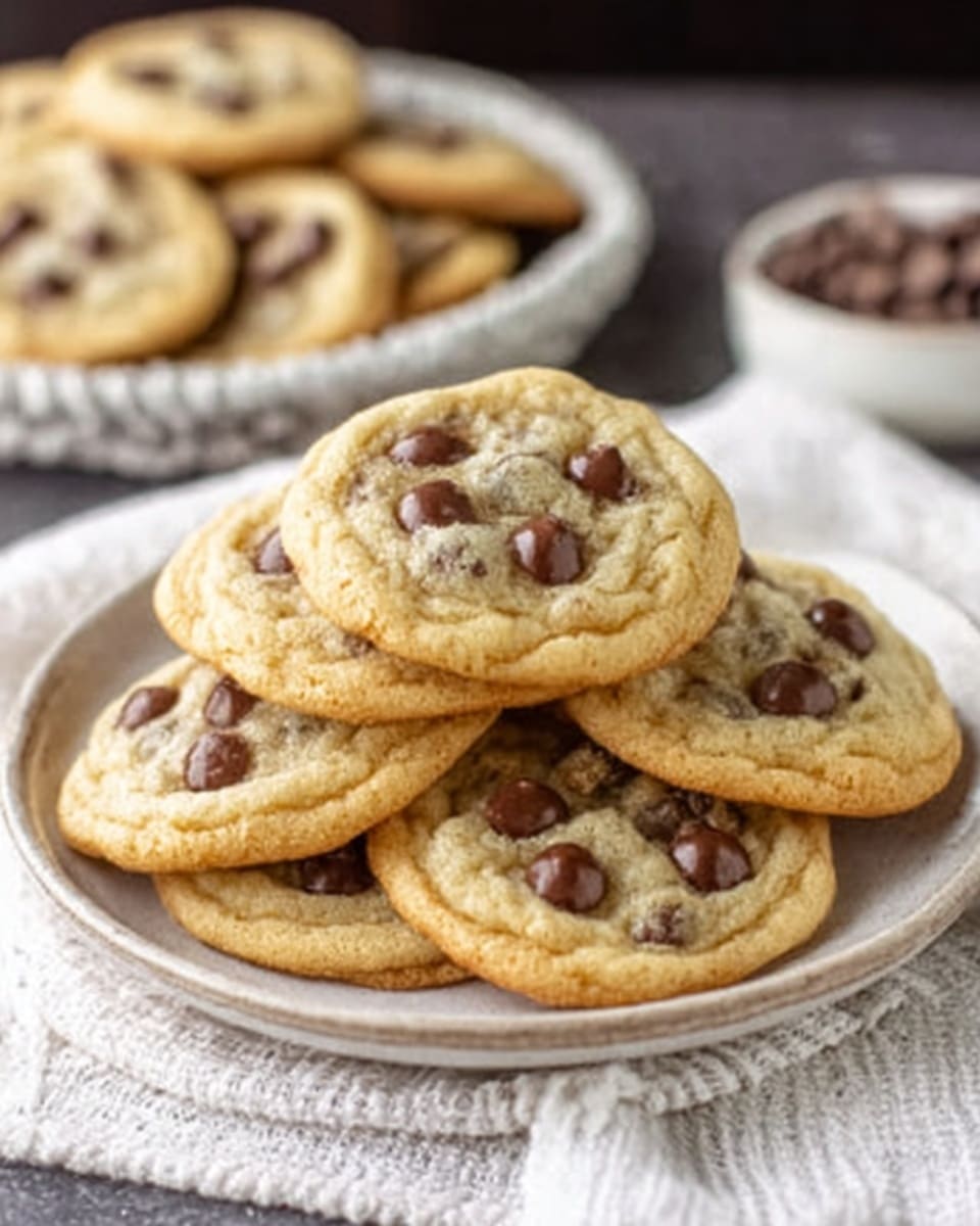 The image shows a white plate filled with five cookies that are round and slightly thick. The cookies are light golden brown with a soft texture and are covered evenly with dark chocolate chips. The plate sits on a folded light gray cloth, and in the background, there is a white marbled surface with another plate of cookies slightly out of focus. photo taken with an iphone --ar 4:5 --v 7