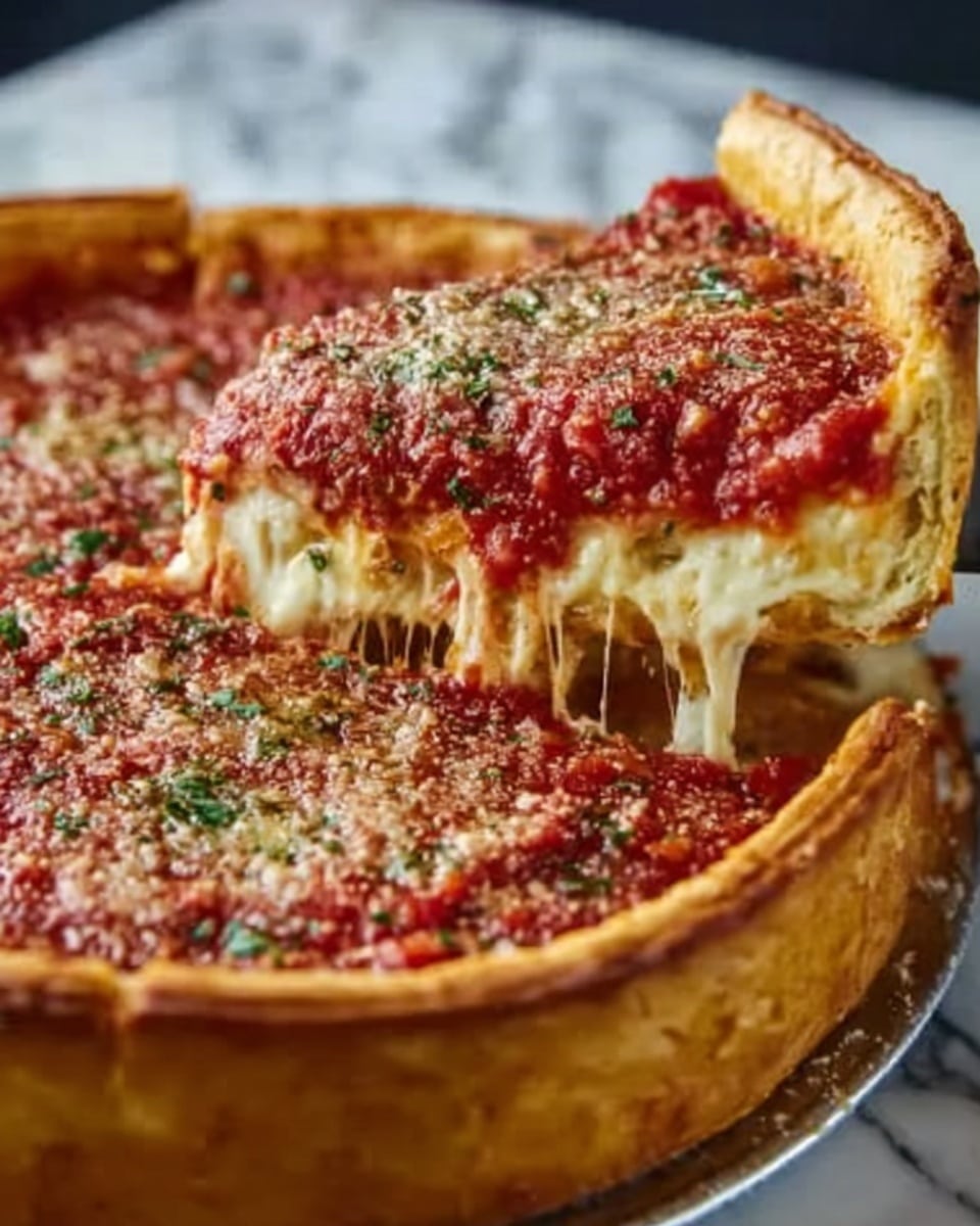 The image shows a deep-dish pizza with a thick, golden-brown crust that holds multiple layers. The bottom layer appears to be melted cheese, smooth and creamy white, topped by a layer of chunky, rich red tomato sauce with bits of herbs sprinkled on top. A slice is being lifted, showing gooey, stretchy cheese between the crust and sauce. The background surface is a white marbled texture. Photo taken with an iphone --ar 4:5 --v 7